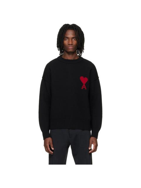 AMI Paris Black Wool Contrasted Ami de Coeur Crewneck Sweater
