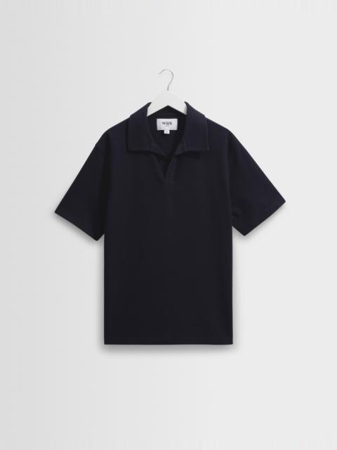 Wax London Atwood - Navy Textured Organic Cotton Polo Shirt