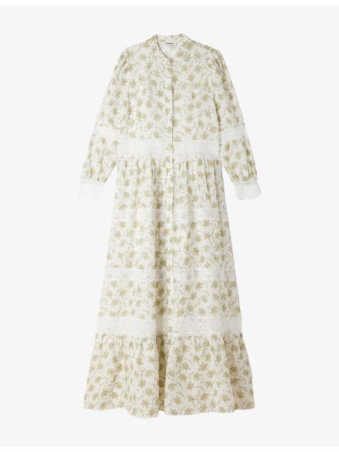 Sandro Floral Lace-Trim Woven Maxi Dress