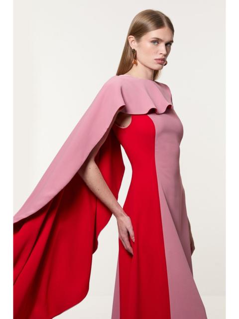 KAREN MILLEN Petite Soft Tailored Colour Block Cape Detail Full Skirted Maxi Dress