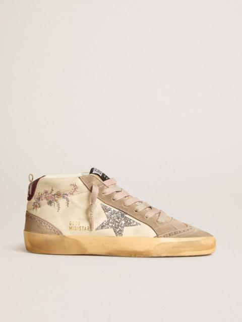 Golden Goose Mid Star in nappa leather with floral embroidery and silver glitter star