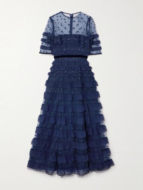 COSTARELLOS Velvet-trimmed point d'esprit and ruffled chiffon midi dress Navy