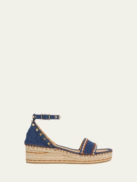 Valentino Rockstud Denim Wedge Espadrille Sandals