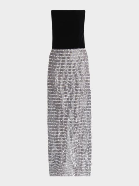 GIORGIO ARMANI Strapless Velvet Bustier Iridescent Textured Silk Gown