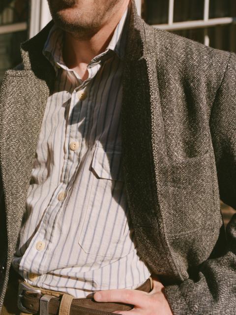 Drake's White and Blue Stripe Linen-Cotton Long Point Collar Shirt