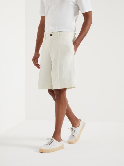 Linen, silk, virgin wool and cotton chevron Bermuda shorts