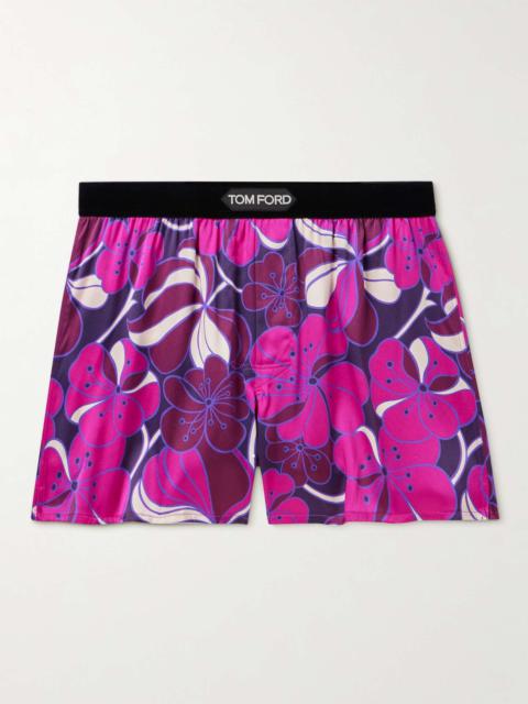 Floral-Print Velvet-Trimmed Stretch-Silk Satin Boxer Shorts