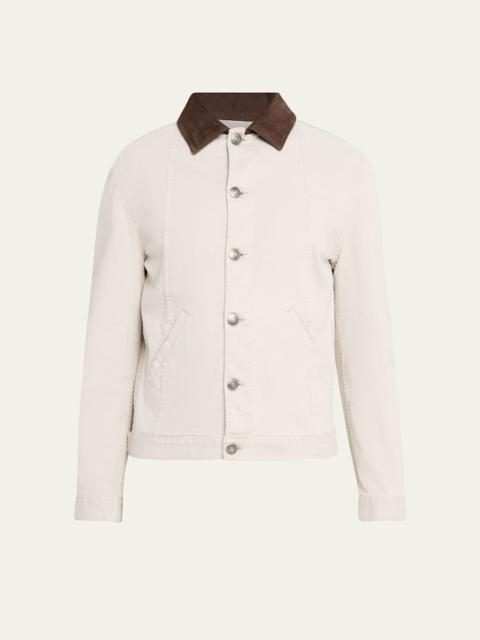 Brunello Cucinelli Men's Garment-Dyed Denim Leather-Collar Shirt Jacket