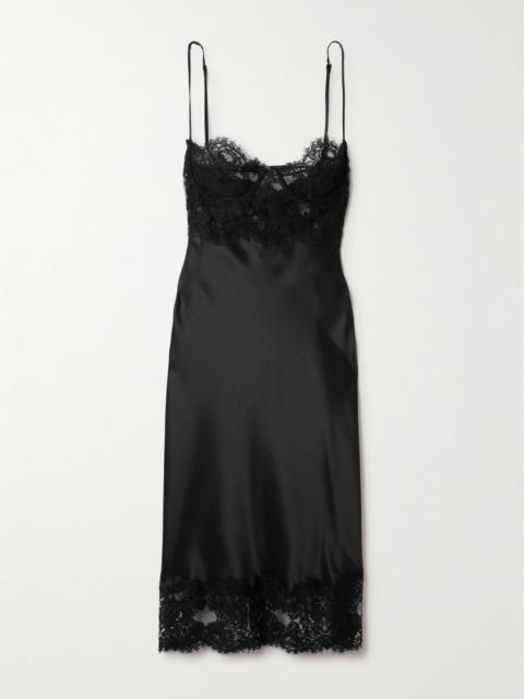 SAINT LAURENT Lace-trimmed silk-satin midi dress Black
