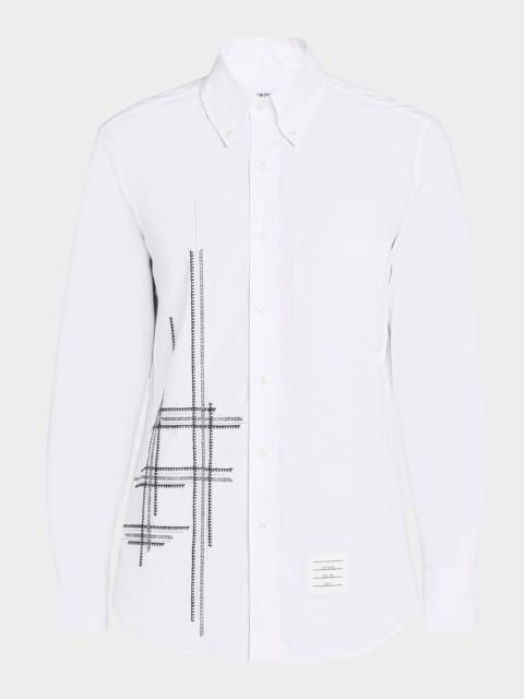 Thom Browne Men's Embroidered Plaid Button-Collar Sport Shirt
