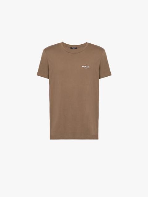 Balmain Taupe eco-designed cotton T-shirt with small flocked white Balmain Paris logo