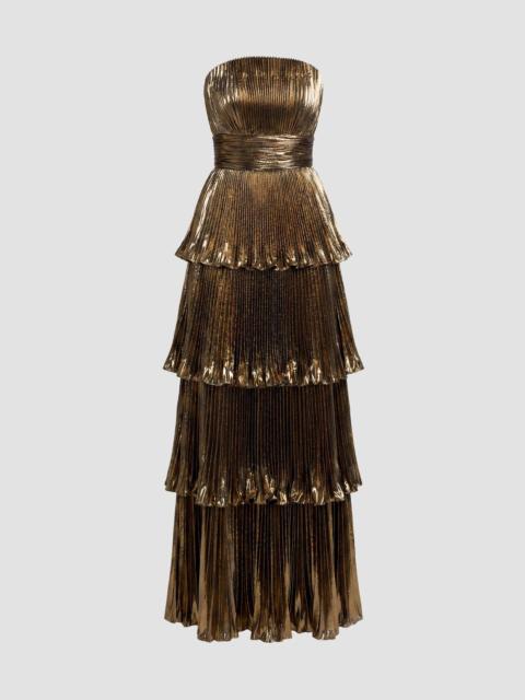 MAC DUGGAL Women's Metallic Pleated Strapless Tiered Gown - Antique Gold