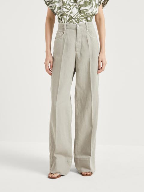 Brunello Cucinelli Garment-dyed cotton and linen cover loose trousers with monili
