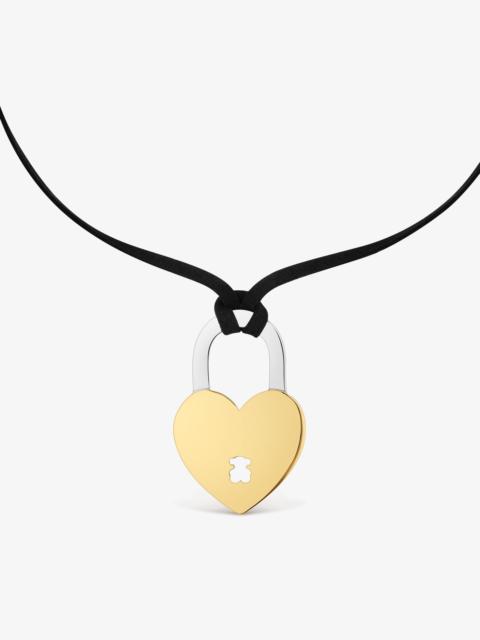 TOUS Two-tone steel heart and black cord Necklace TOUS Charming