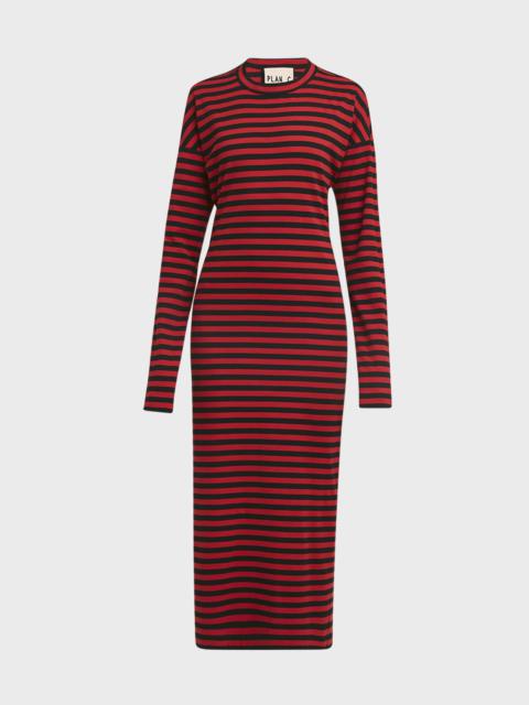 Striped Long-Sleeve Midi T-Shirt Dress