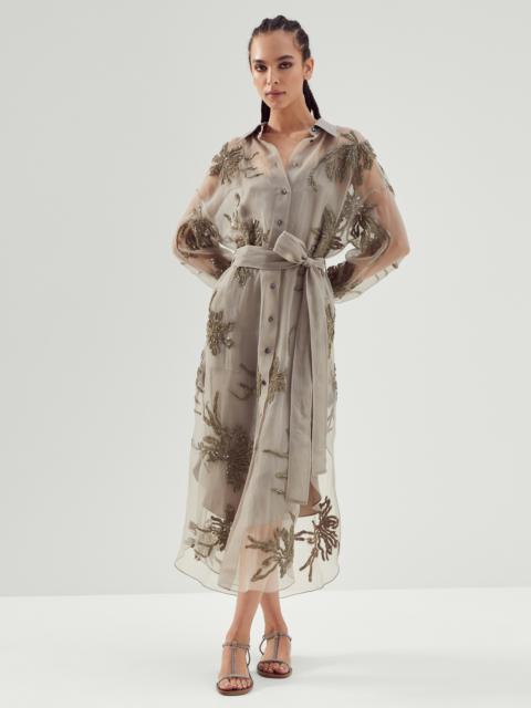 Brunello Cucinelli Crispy silk shirt dress with marine flower embroidery