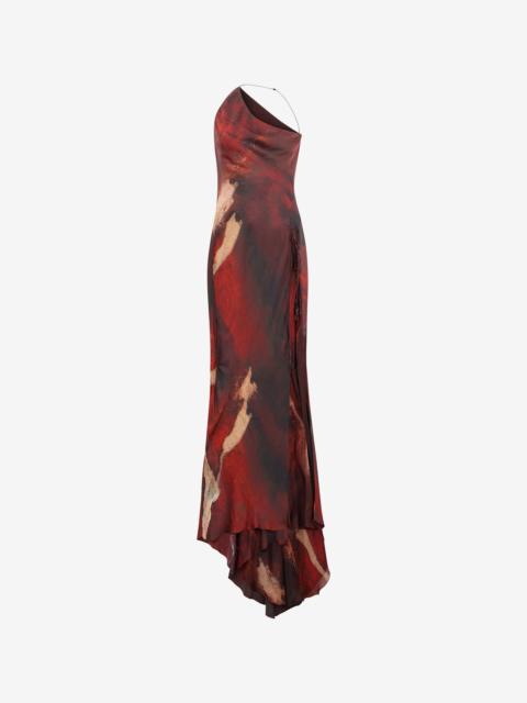 Roberto Cavalli Long Red Silk Dress With Marble Print