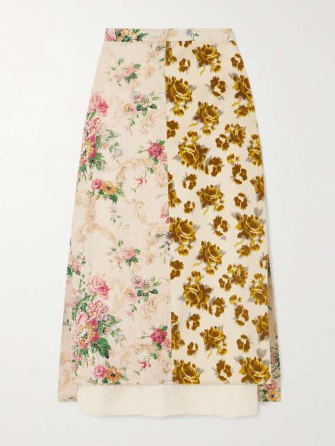 Erdem Paneled printed linen and cotton-velvet midi skirt