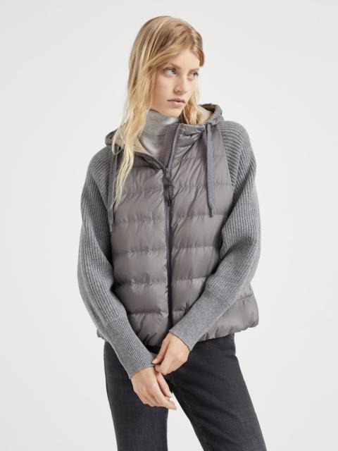Brunello Cucinelli Water-resistant matte nylon hooded down jacket with monili and sleeves in virgin wool, cashmere and