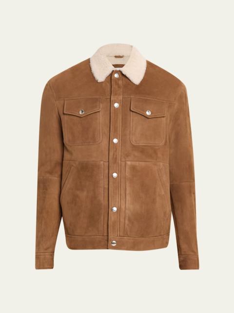 Brunello Cucinelli Men's Shearling-Collar Suede Snap Front Jacket