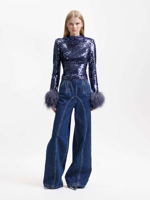 self-portrait Navy Sequin Feather Top