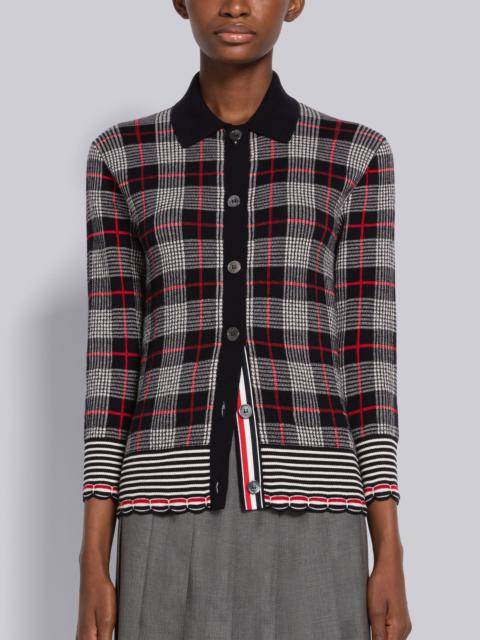 Thom Browne Merino Hairline Check Jacquard Scalloped 3/4 Sleeve Cardigan