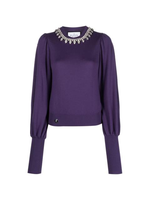 Crystal-embellished wool knitted jumper