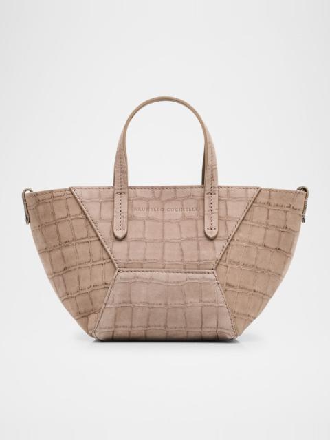 Brunello Cucinelli Duo Mini Croc-Embossed Suede Shopper Tote Bag