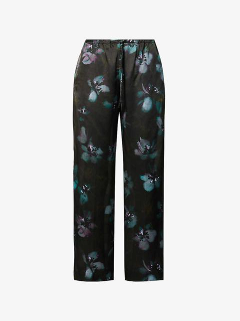 Floral-print wide-leg mid-rise silk trousers