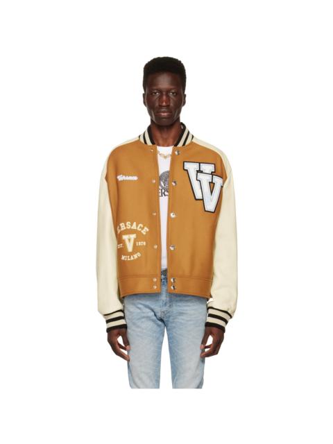 VERSACE Tan & Off-White Varsity Down Bomber Jacket
