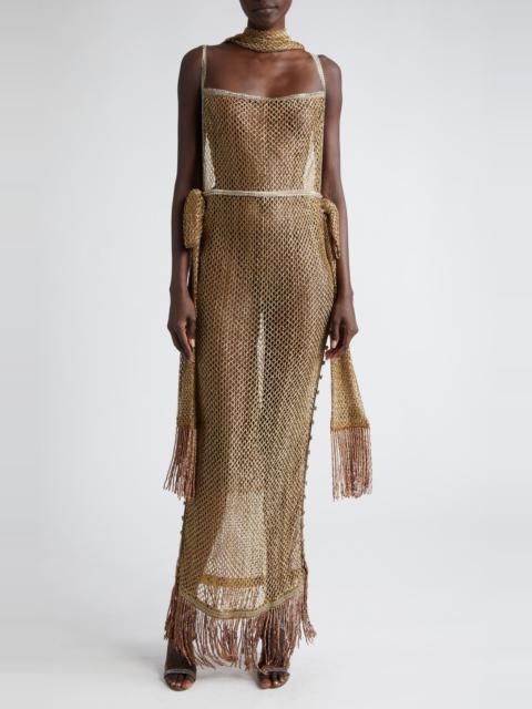 BODE Bode Beaded Fringe Sheer Lamé Lace Maxi Dress in Gold at Nordstrom