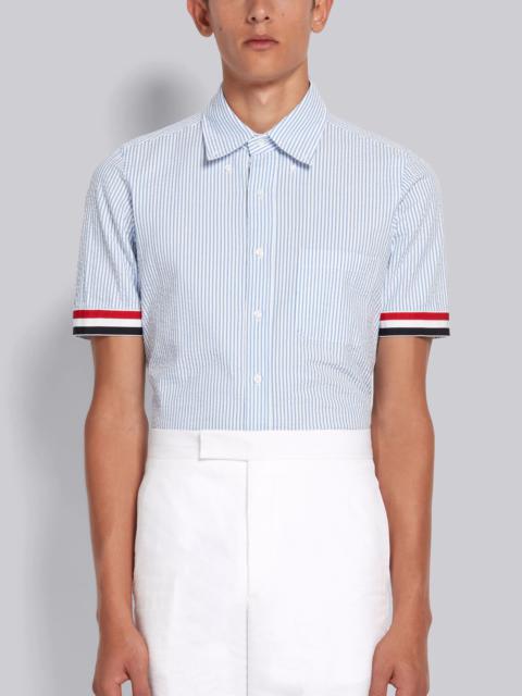 Thom Browne Light Blue Cotton Seersucker Grosgrain Cuff Straight Fit Short Sleeve Shirt