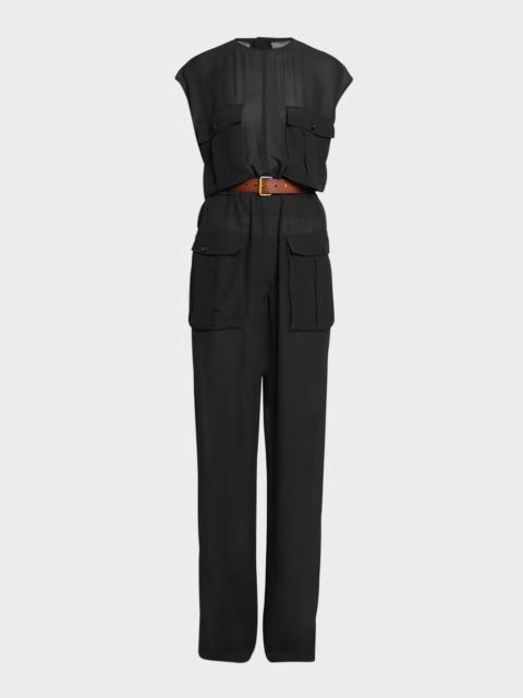 SAINT LAURENT Combinaison Sleeveless Belted Silk Chiffon Utility Jumpsuit