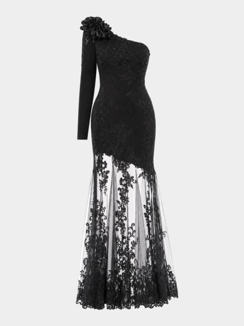 MAC DUGGAL Embroidered Mesh Jersey Gown