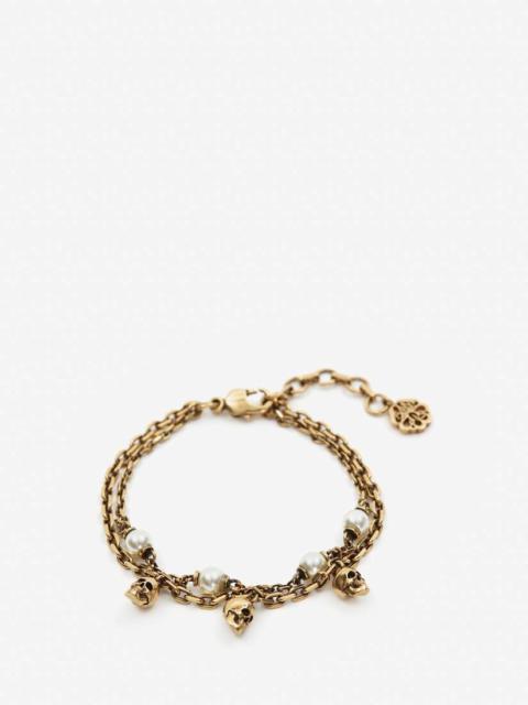 Women's Pearl Skull Chain Bracelet in Antique Gold