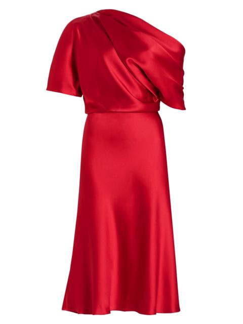 AMSALE Women's Draped Satin One-Shoulder Midi-Dress - Lipstick
