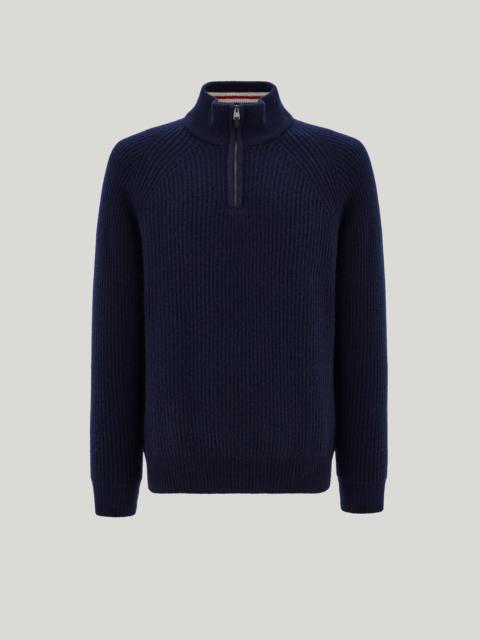 Canali NAVY BLUE CASHMERE ENGLISH RIB ZIPPERED MOCK NECK SWEATER