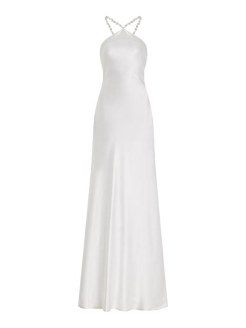 STAUD Exclusive Cadence Pearl-Embellished Satin Maxi Slip Dress white