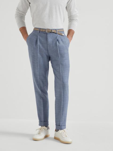 Brunello Cucinelli Comfort wool, silk and linen Prince of Wales leisure fit trousers with pleat
