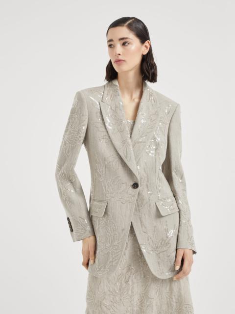 Linen canvas blazer with dazzling flower embroidery