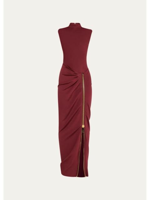 Balmain Mock-Neck Zip Slit Sleeveless Gown