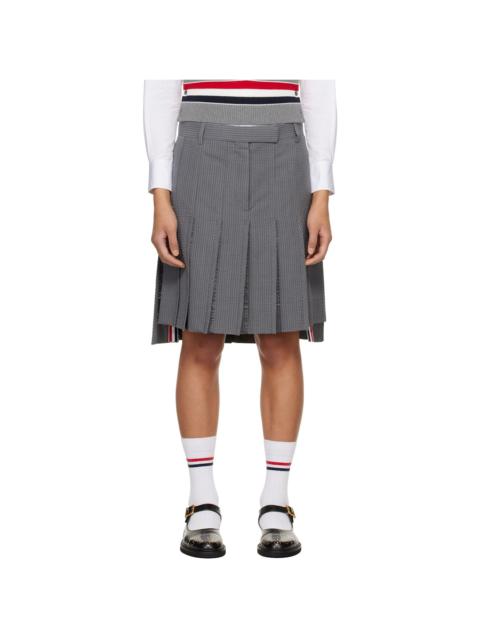 Thom Browne Gray Wool Seersucker Pleated Low Rise Miniskirt