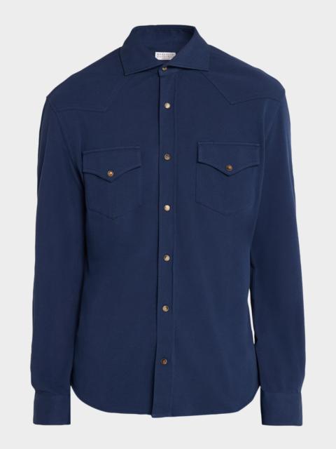 Brunello Cucinelli Men's Cotton Pique Snap-Front Western Shirt
