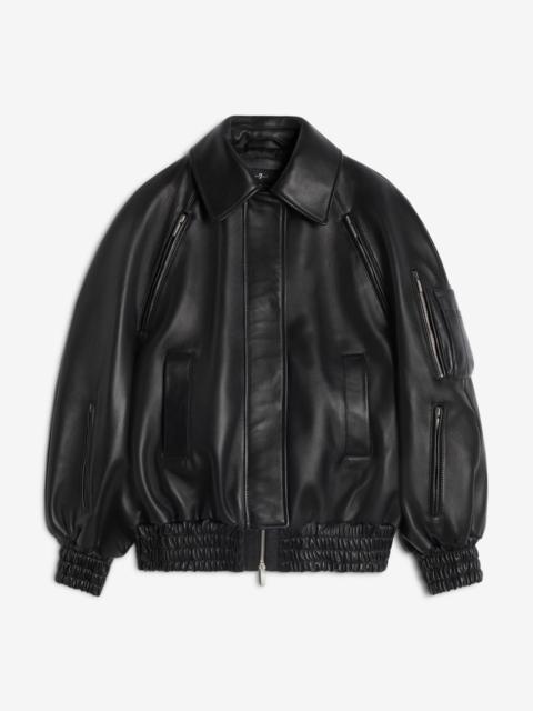7 For All Mankind Leather Bomber Jacket in Black