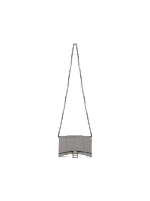 BALENCIAGA Women's Hourglass Wallet With Chain In Glitter Material in Grey