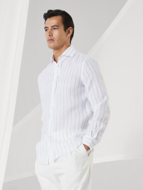 Brunello Cucinelli Chalk stripe linen easy fit shirt with spread collar