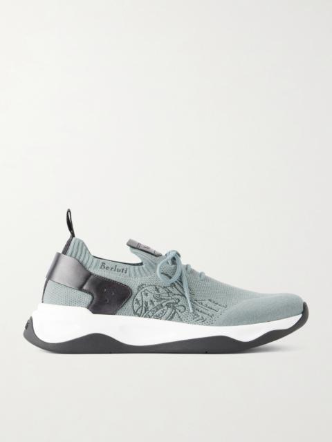 Berluti Shadow Leather-Trimmed Stretch-Knit Sneakers