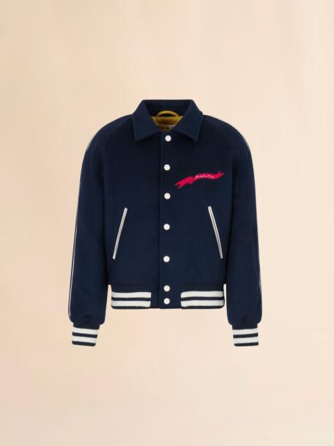 Marni DEEP BLUE FELT BOMBER JACKET WITH EMBROIDERED MARNI FLAG PATCH