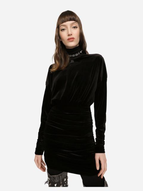 Dolce & Gabbana Short draped velvet dress with DG logo