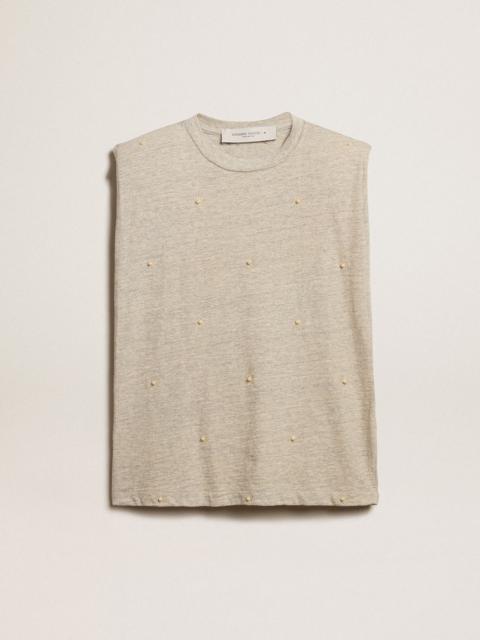Golden Goose Aged white sleeveless T-shirt with padded shoulder and pearls